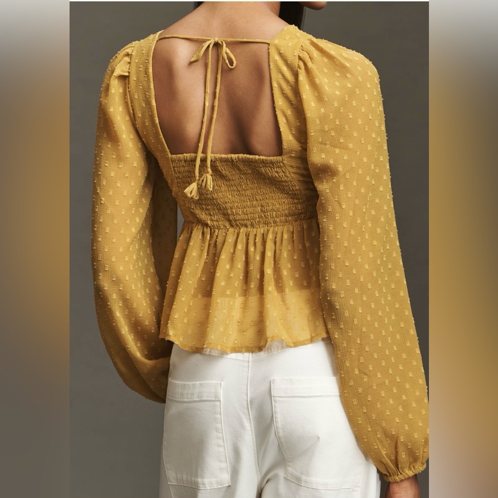 🟤NWT ANTHROPOLOGIE Back-Tie Long Sleeve Peplum Blouse in Harvest Gold